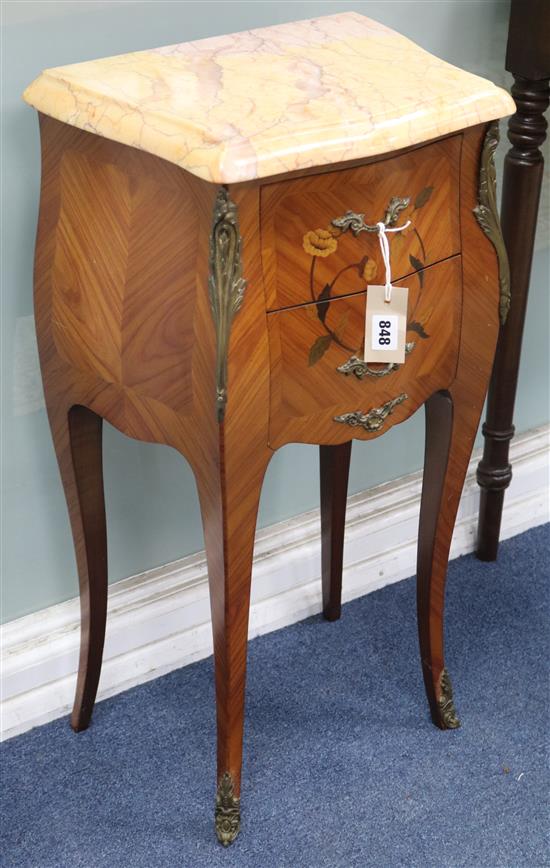 A pair of inlaid bombe bedside chests, with marble tops W.38cm